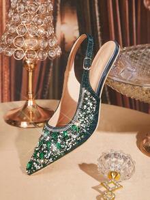 CUCCOO TILAWA Women's Crystal Heel Glass Rhinestone Decor Pointed Toe High Heel Pumps, Suitable For Outings, Banquets, Parties And Other Events Valentine's Day - Green - View 5