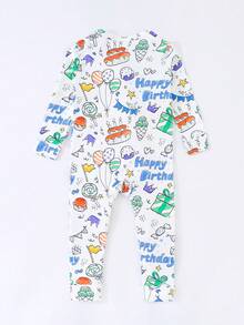 返校季时尚男婴白色底生日派对主题彩色涂鸦数码印花紧身长袖双拉链连体衣贴身男婴拉链睡衣秋冬 - 白色 - 查看 2