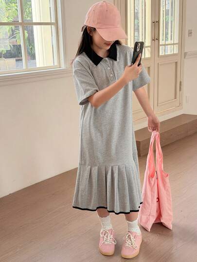 DAZY Tween Girl Solid Color Polo Collar Button Half Placket Pleated Casual Vacation Everyday Short Sleeve Dress