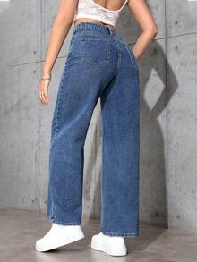 Jeanoix 女士休闲日常斜插口袋宽松直筒牛仔裤 - 中等水洗藍 - 查看 2