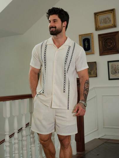 DAZY Men's Summer Short Sleeve Shirt And Shorts Geometric Pattern Pajama Set