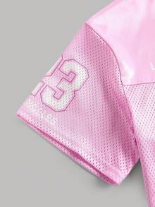 少女时尚街头风V领粉色网纱字母数字印花宽松露脐上衣/运动T恤，春夏款 - 粉色 - 查看 6