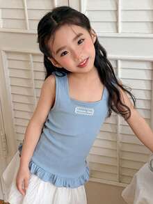 DAZY 女童刺绣字母罗纹方领荷叶边下摆吊带衫 - 藍色 - 查看 1