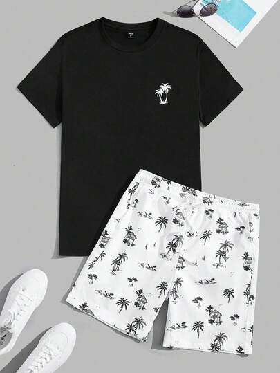 SHEIN Set de 2 piezas para adolescentes varones: Camiseta de manga corta de cuello redondo negra con estampado de palmeras y pantalones cortos blancos con estampado de dibujos animados. Casual, cómodo, de moda, de tela suave, adecuado para uso diario, escuela, salidas, deportes al aire libre, festivales de música, fiestas de vacaciones, vacaciones de verano en la playa, primavera/verano