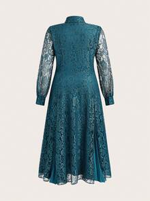 ZEYLAH 优雅蕾丝拼接褶裥长袖衬衫领连衣裙，春夏款 - 水鴨藍 - 查看 2