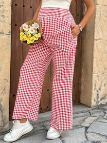 Modmama 格子印花休闲百搭孕妇阔腿裤 - 紅色 - 查看 5