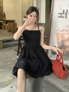 FRIFUL Women's Spaghetti Strap Dress With Bow Decor And Peplum Hem Sundress Summer - Black - View 5