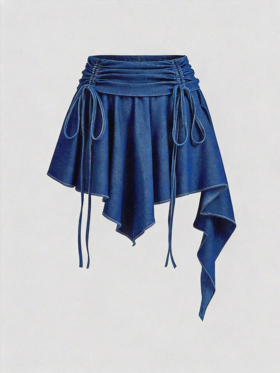 SHEIN MOD Chân váy denim nữ màu trơn, xếp ly, vạt lệch, có dây rút - Màu xanh lam - Xem 1