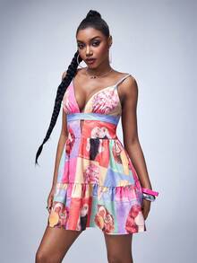 Y2Kool Anapauaaart Women's Pink And Purple Fashion Print Spaghetti Strap Mini Dress, Summer Style Birthday Dresses For Women Harlem Nights Women Dresses Slay Diva Dress - Multicolor - View 3