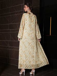 Yasmyna 女士优雅阿拉伯风格编织纹理长袖亮片荷叶边系带连衣裙，春夏款 - 彩色 - 查看 2