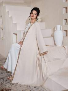 Yasmyna Women's Spring/Summer Apricot Acetate Satin Scalloped Hem Elegant Arabic Abaya - Apricot - View 6