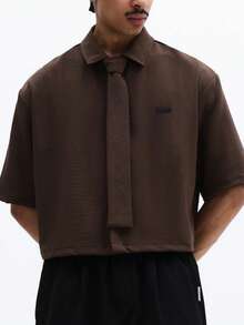 SUMWON Men's Cropped Short Sleeve Button Down Shirt With Tie Detail Regular Fit Collared Top Casual Business Wear - Coffee Brown - View 4