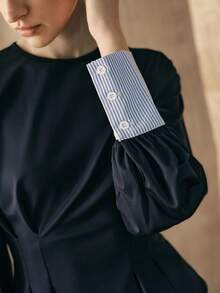 Arave 女士收腰落肩褶皱拼接设计休闲通勤衬衫 - 藍色 - 查看 8