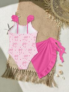 SHEIN Tween-Mädchen Schleife & Herz Muster Flatterärmel Einteiler Badeanzug mit Rüschenrock, lässig und feminin, geeignet für Schwimmen, Urlaub, Sommer, Strand - Pink - Übersicht 2