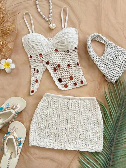 Soleia 2pcs Vacation Sexy Spaghetti Strap Crochet Patchwork Sequin Shell Crop Top And Low Waist Skirt Set, Suitable For Vacation, Music Festival, Bohemian, Holiday Date, Afternoon Tea