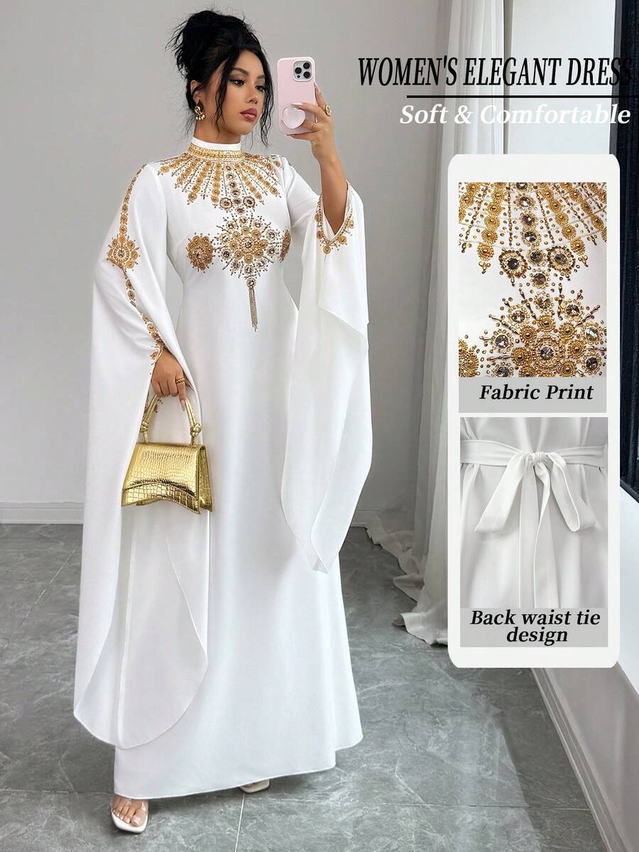 Elenzga 女士新款时尚优雅中东风情复古法式立领金色印花露肩系带飘逸长裙，适合通勤、圣诞节、新年、街头风、法式浪漫、休闲、中东复古、下午茶、派对、感恩节、返校季、秋冬季等场合。 - 白色 - 查看 1