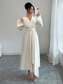 SHEIN Elenzya Robe longue élégante et romantique pour les vacances et le bureau avec manches évasées et ruban torsadé - Nude - Voir 7