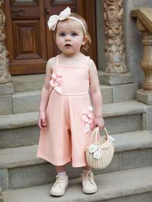 SHEIN 女婴甜美针织罗纹吊带连体衣，带蝴蝶结，适合度假和休闲外出，夏季 - 粉色 - 查看 5