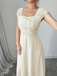 Modelyn 女款方領短袖百褶復古法式白色洋裝，米白色夏季優雅婚禮賓客純色女士優雅洋裝 - 杏色 - 查看 5