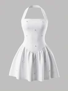 SHEIN Girlism Tween Girls Casual Elegant White Beaded Detail Knit Spaghetti Strap Snug Fit A-Line Mini Dress, Waist Cinched, Suitable For Valentine's Day Party, Outing, Back To School Outfit - White - View 4