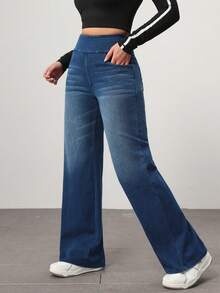 Flexra Petite Quần Jeans Ống Rộng Dáng Rộng Có Túi Lưng Thun Cho Nữ - Rửa trung bình - Xem 3