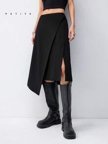 SHEIN LYSMO Petite 女士纯色不对称下摆休闲时尚半身裙 - 黑色 - 查看 4