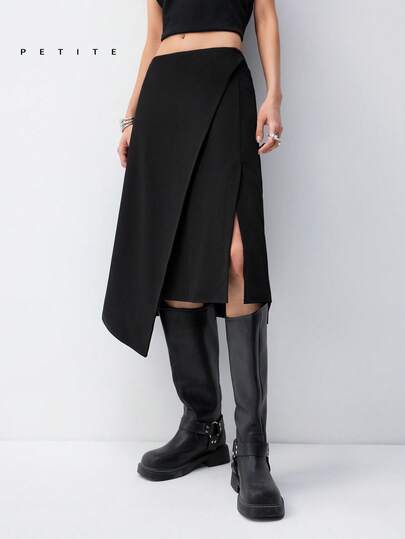 SHEIN PETITE 2026 New Arrive Minimalism Spring/Summer Women's Solid Black Color Draped Asymmetric Skirt Asymmetric Hem Casual Fashionable Skirt Casual Women Outfits Elegant Dresses For Party Work Outfits/Business Casual/ Office Outfits For Women Dress Over Pants / Skort