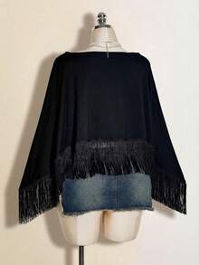 SHEIN ICON Áo kiểu nữ gợi cảm màu đen thời trang cổ bất đối xứng viền tua rua, thích hợp cho kỳ nghỉ. - màu đen - Xem 7