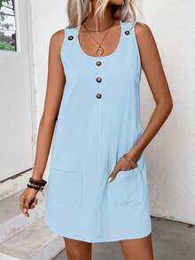 EMERY ROSE 女士休闲简约纽扣装饰双口袋无袖连衣裙，夏季 - 淺藍色 - 查看 3