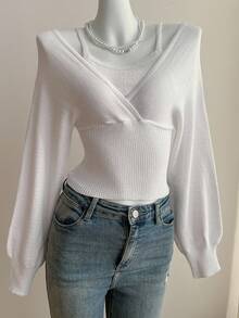 SHEIN EZwear Áo len nữ tay cánh dơi màu trơn dáng ngắn 2 trong 1 - trắng - Xem 8