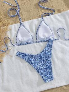 Swim Mod 2件套新款随机印花露背性感优雅度假比基尼套装，适合海滩、泳池、派对等场合。 - 藍白色 - 查看 3