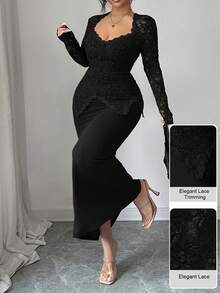 Modelyn Plus Size Women Elegant Keyhole Neck Contrast Lace Button Waist Bodycon Dress - Black - View 3