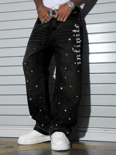 Manfinity EMRG Jeans de pierna ancha con estampado de rhinestones para hombre