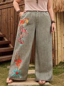 EMERY ROSE 大码女式街头休闲舒适浅绿色刺绣无弹力直筒牛仔裤 - 綠色 - 查看 1