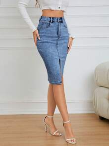Selianne Chân váy ngắn denim xẻ tà thời trang dành cho nữ, thích hợp cho mùa hè. - Rửa trung bình - Xem 6