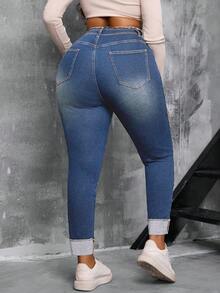 Slaydiva Plus Size Women Blue Denim High Waist Distressed Skinny Jeans - Medium Wash - View 2