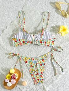 Swim Mod 2件套女士印花软杯钢圈系带泳衣套装，夏季假日沙滩波西米亚风比基尼猎豹纹可爱比基尼度假比基尼花朵比基尼 - 彩色 - 查看 3