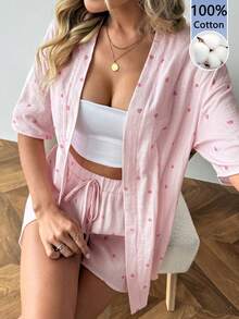 SHEIN LUNE 两件套女士休闲100%纯棉爱心印花短袖开衫和短裤套装 - 彩色 - 查看 5