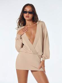 SHEIN ICON 女士极简纯色性感深V领紧身迷你连衣裙 - 卡其色 - 查看 4