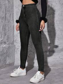 Flexra Women's Casual Commuting Simple Solid Color High Waist Skinny Jeans - Black - View 3