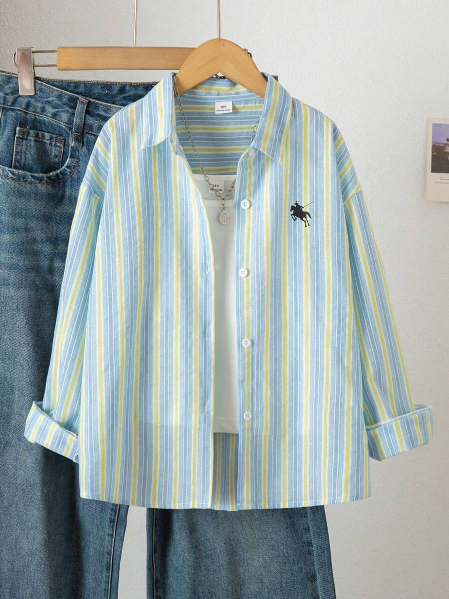 SHEIN Áo sơ mi bé gái - Áo sơ mi dài tay cài cúc kẻ sọc xanh nhạt và vàng thời trang thường ngày cho bé gái tuổi teen, thích hợp cho mùa xuân và mùa thu, 100% cotton, kiểu polo thêu, thoáng khí, mềm mại, lý tưởng cho đi học hàng ngày và những buổi đi chơi thường ngày. - màu xanh lá - Xem 1