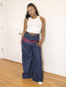 Steph T Women's Letter Print Pocket Wide Leg Loose Casual Jeans - Dark Wash - View 3