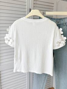 SHEIN Camiseta de manga corta para niña preadolescente, primavera/verano, casual elegante, con decoración de flores 3D de strass, cuello redondo, ajustada, de punto acanalado texturizado, KIDS - Blanco - Ver 2