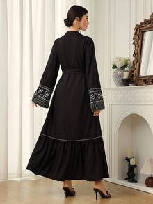 Al Najma Đầm maxi Thổ Nhĩ Kỳ thanh lịch, kín đáo với họa tiết chắp vá cổ chữ V dành cho nữ và áo Abaya truyền thống Ả Rập. - màu đen - Xem 5