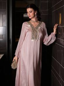 Layrah Women's Spring/Summer Pink Woven Jacquard Long Sleeve Embroidered Sequin Collar Floral Shell Tape Elegant Romantic Turkish Abaya & Arabic Traditional Maxi Dress - Pink - View 7