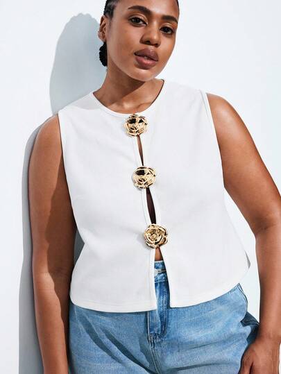 Maija Cárdigan sin mangas blanco de talla grande para mujer, con diseño decorativo de botones de metal rosa