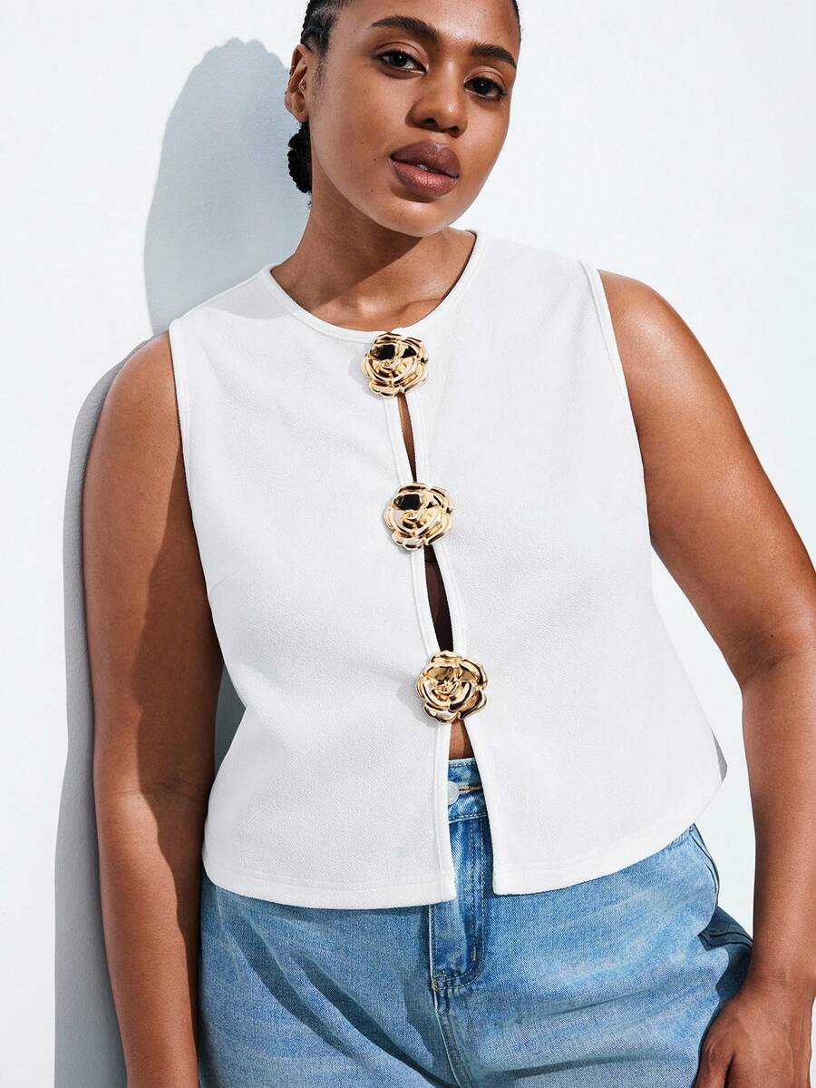 Maija Áo không tay màu trắng cỡ lớn dành cho nữ, thiết kế trang trí cúc kim loại hình hoa hồng, thích hợp cho Ngày Thánh Patrick, Lễ Phục Sinh, mùa hè, dự tiệc, đi biển, kỳ nghỉ hè, đi chơi, tốt nghiệp. - trắng - Xem 1