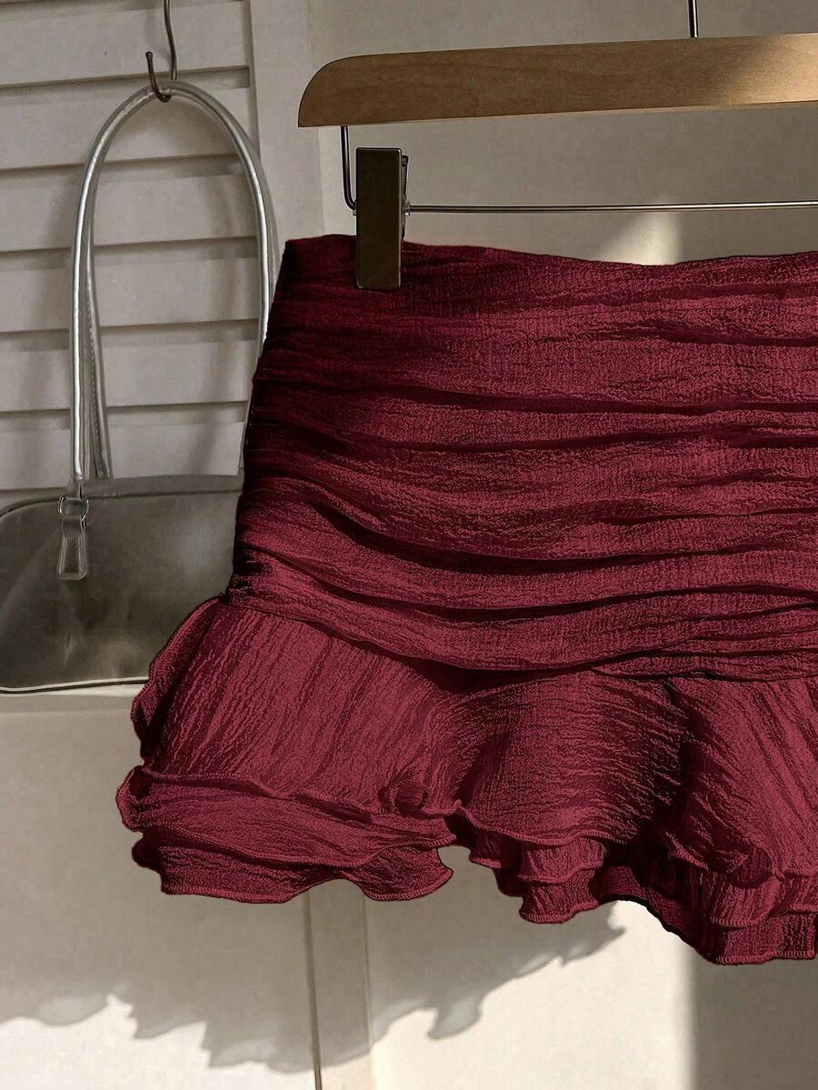 Elamini Chân váy ngắn nữ lãng mạn xếp ly, kiểu dáng gợi cảm, màu đỏ rượu vang, thích hợp cho tiệc năm mới, ngày Valentine. - Màu Đỏ Sâu - Xem 1