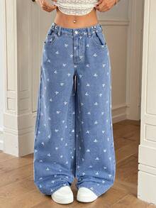 Rivivi Women's Pocket Button Bow Print Casual Versatile Daily Wear Wide Leg Jeans - Blue - View 4