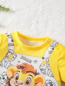 SHEIN Bộ áo liền quần tay ngắn in hình hoạt hình phối màu dễ thương cho bé trai/bé gái sơ sinh, thích hợp cho mùa hè. - Màu vàng - Xem 6
